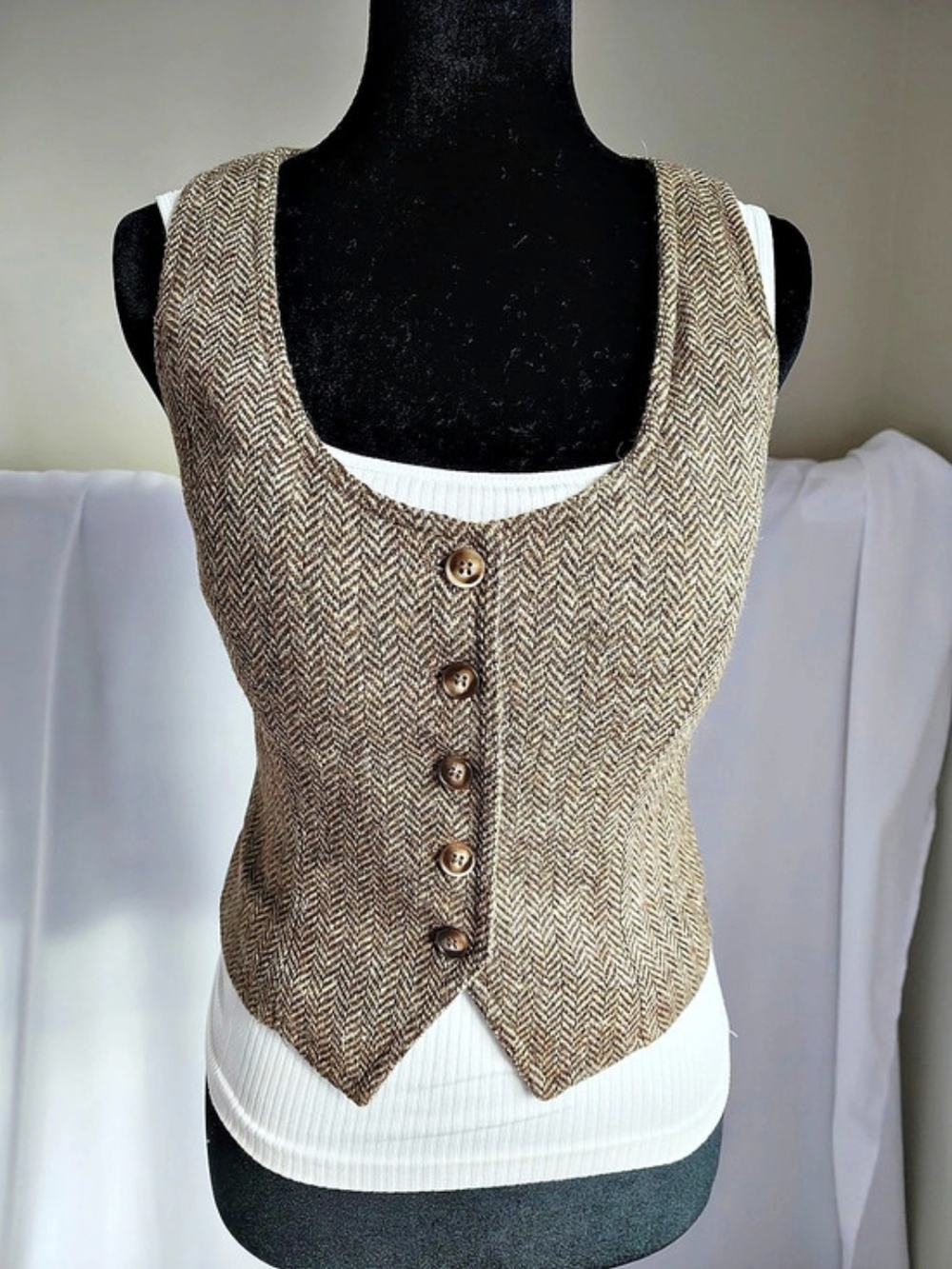 Brown & Cream Herringbone Button Vest Like New